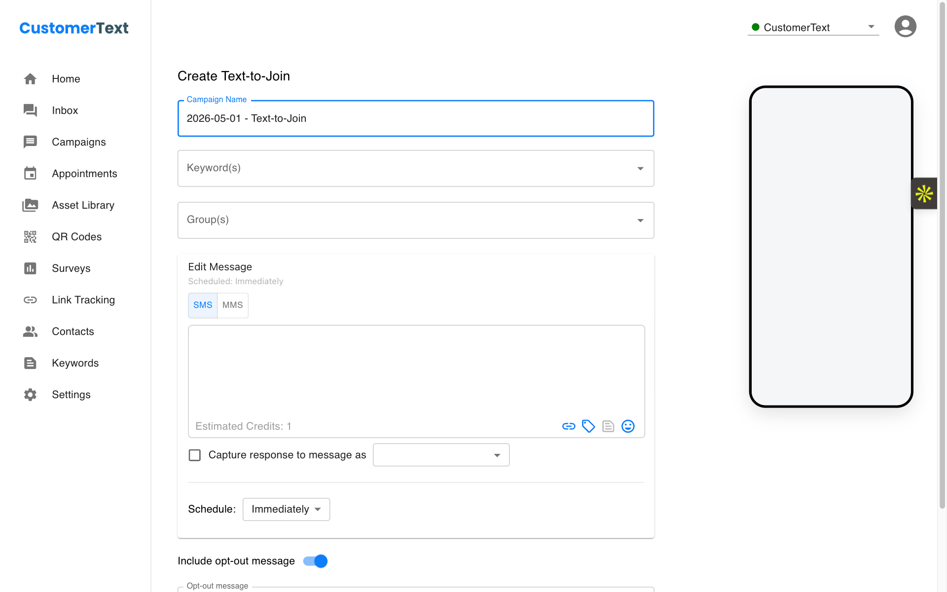 CustomerText Text-to-Join builder