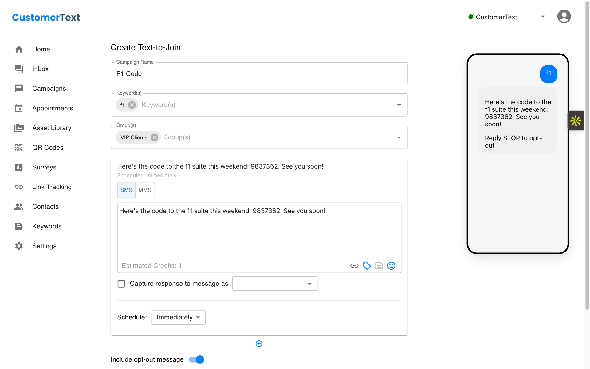 CustomerText message preview