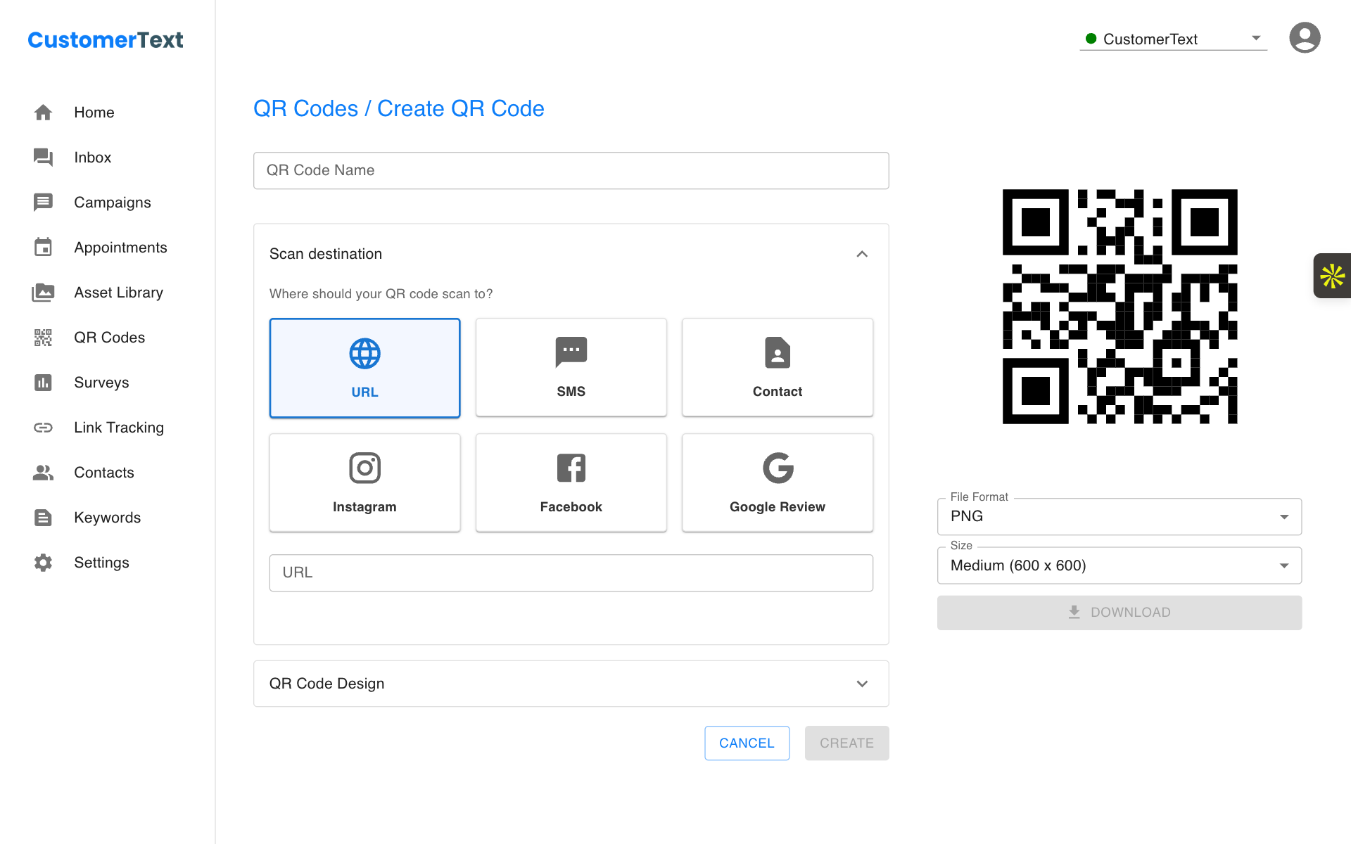 CustomerText QR code creator
