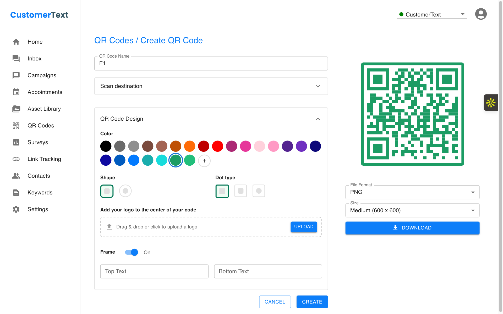 CustomerText QR code designer