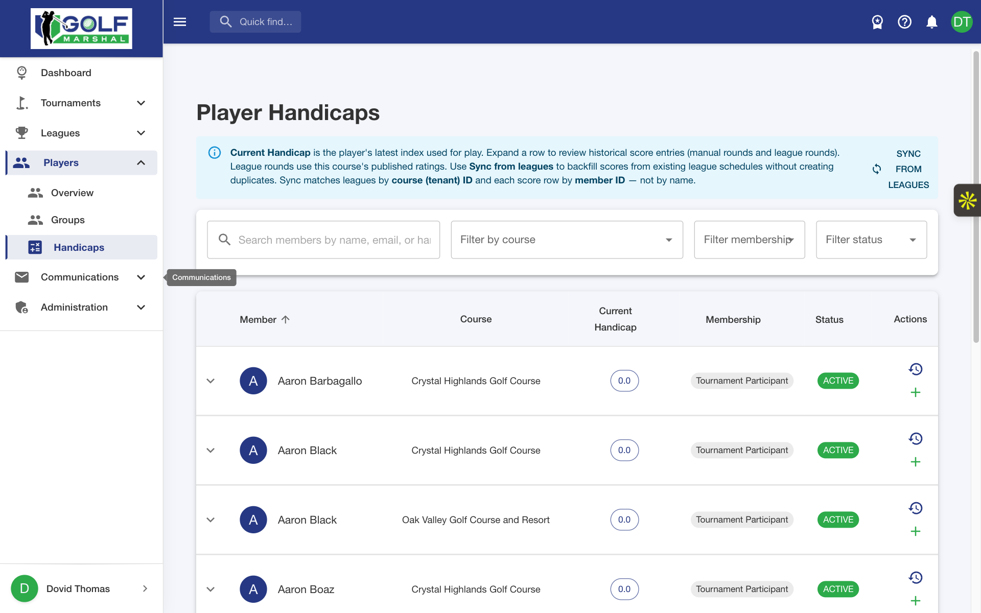 Golf Marshal player handicaps