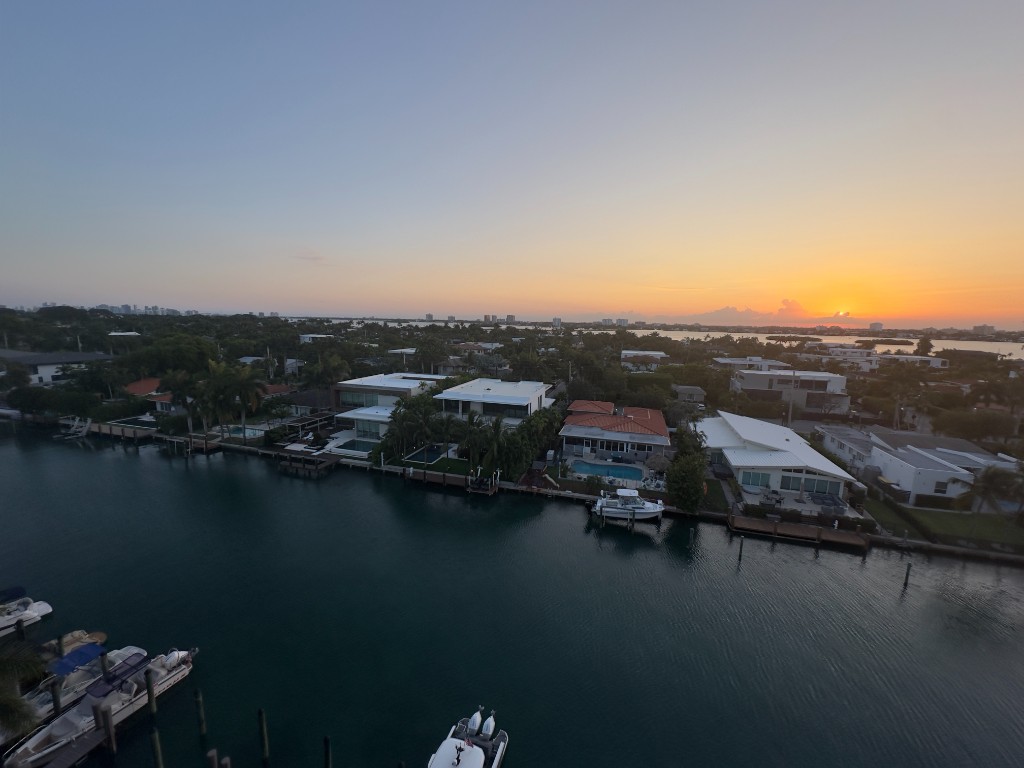 Waterfront and skyline at golden hour